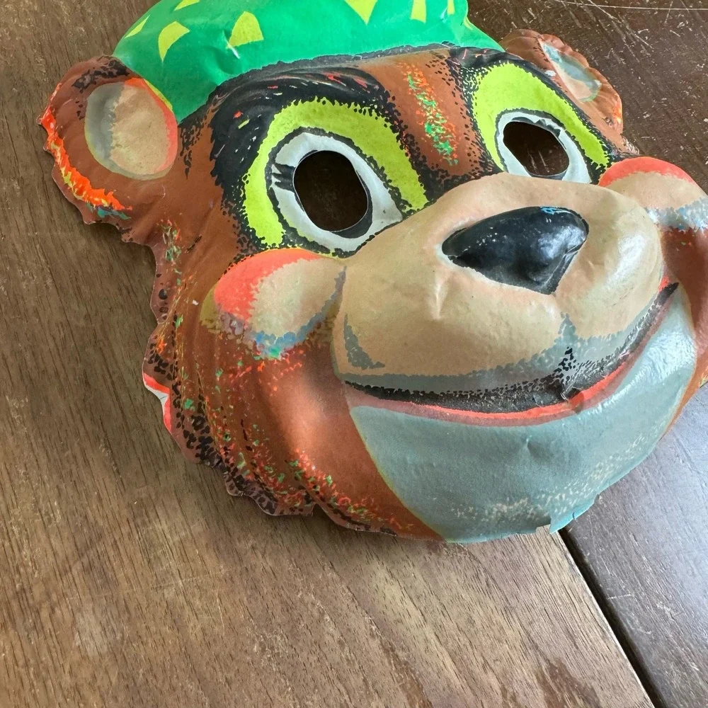 Vintage Ben Cooper 1970s Plastic‎ Bear with Hat Neon black light full face mask